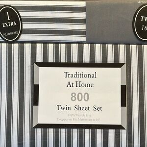 Traditional At Home 4 pc Twin Sheet Set Gunmetal Gray and white stripes.